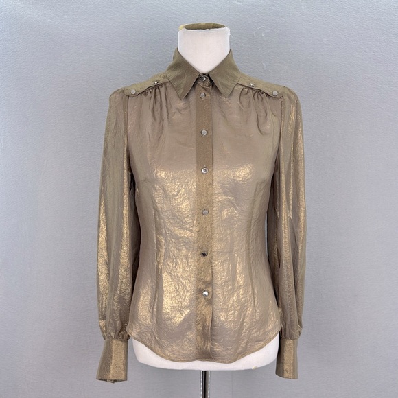 Karen Millen Tops - Karen Millen women’s Gold Metallic button-down shirt semi sheer blouse top SZ 6‎